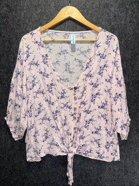 M Fasis  Pink Floral Button-Front Tie-Hem Women’s Top